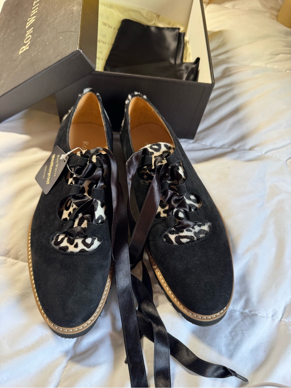Ron White black suede + leopard Daisy lace-up Oxfords